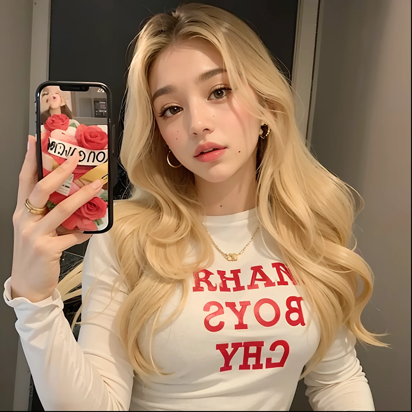 mulher loira tirando uma selfie em um espelho com um telefone, com longos cabelos loiros, 18 anos, uma menina com cabelo loiro, Retrato de Kim Petras, Modelo do Instagram, Cerveja Madison, 2 Modelo feminina de 4 anos, 👁🌹👾, 21 anos, cabelo comprido e camisa vermelha, Menina sexy com cabelo loiro longo, com cabelos loiros muito longos
