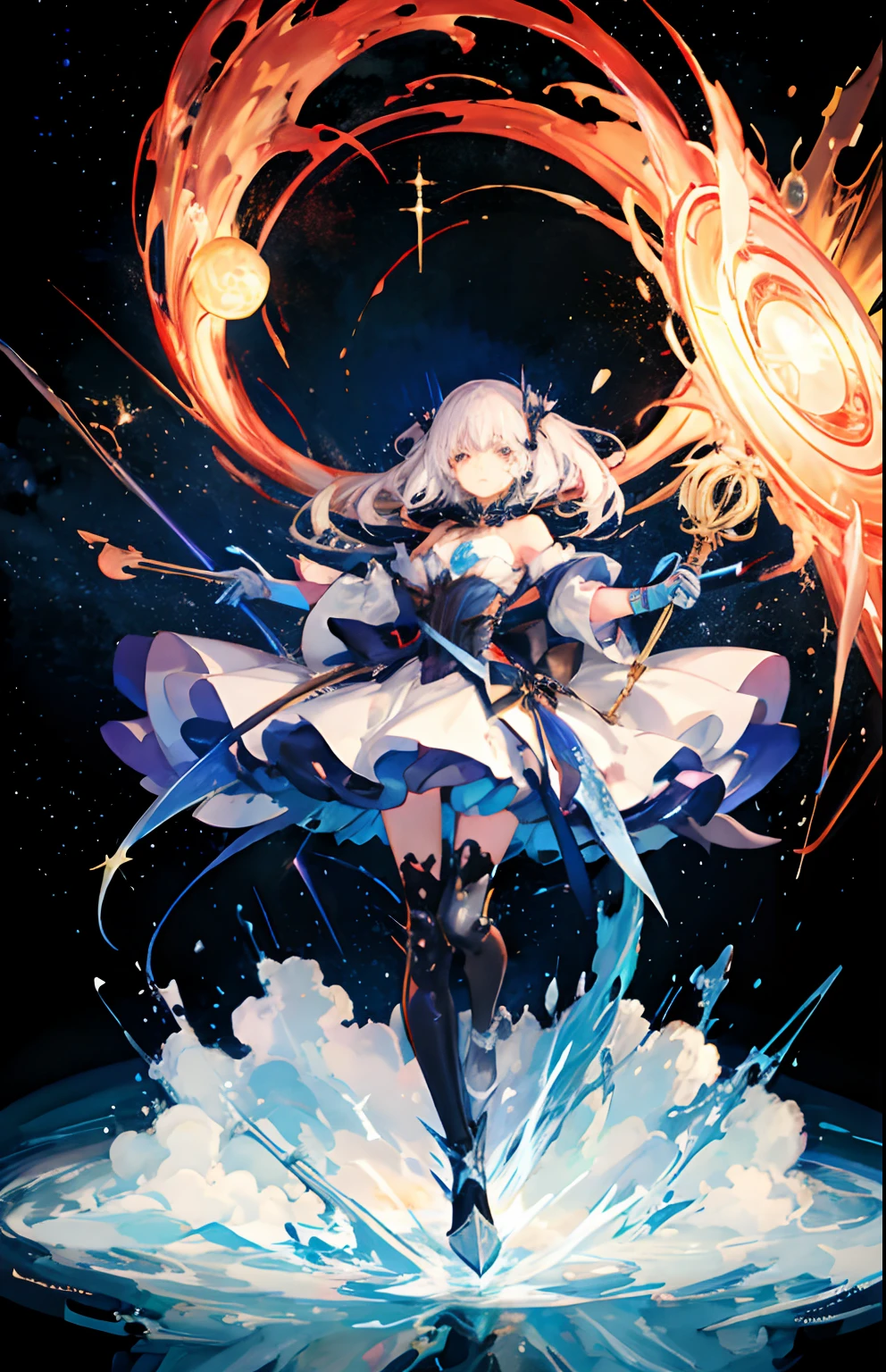 ((magical little girl)), ((Gorgeous starry sky background)), ((ultra-definition)), ((Best Illustration)), ((cinematlic lighting)), dynamic ungle, floating, Filigree,（（Mechanical armor of the upper arm subordinate、Mechanical armor below the thigh））、 (Glitter:1.2 )、(brilliance:1.2)、(brilliance:1.2)、Classic、(painted:1.1)、(Sketched:1.1)、(top-quality)、(​masterpiece:1.2)、(Anime style)、(独奏)、Beautiful Detail Face、(cute  face:1.3)、(big eye:1.3)、Colorful hair with gold base、(length hair:1.2)、(Floating hair:1.2)、(Magical Girl Costumes)、detailed costume、(Shining wand:1.3)、(Magic Effects:1.3)、(flowing skirt:1.2)、(Cute boots:1.1)、(Transparent substrate:1.1)、(shimmer:1.2)、(Glow:1.2)、(brilliance:1.2)、(flickering:1.2) , (Glare:1.2)、