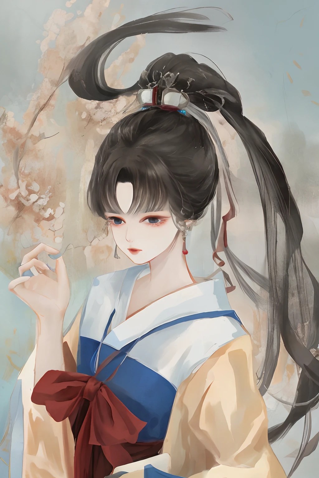 An ancient Chinese beauty sitting on a stone, wearing ancient Chinese clothing, flowing tulle, light silk, lazy posture, large lotus leaf, lotus, ink painting style, clean color, decisive cutting, blank, freehand, masterpiece, super detailed, epic composition, high quality, the highest quality, 4k --v 6