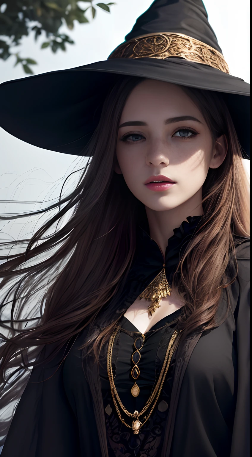 photorealistic, 35mm, intricate details, hdr, intricate details, hyperdetailed, natural skin texture, hyperrealism, sharp, 1 girl, adult (elven:0.7) woman, freckles, grey eyes, chestnut layered hair, portrait, looking down, solo, half shot, detailed background, witch hat, witch, magical atmosphere, hair flowing in the wind, red trimmed light colored clothes, whirlwind of swirling magic spell in the air, dark magic, (style-swirlmagic:0.8), floating particles