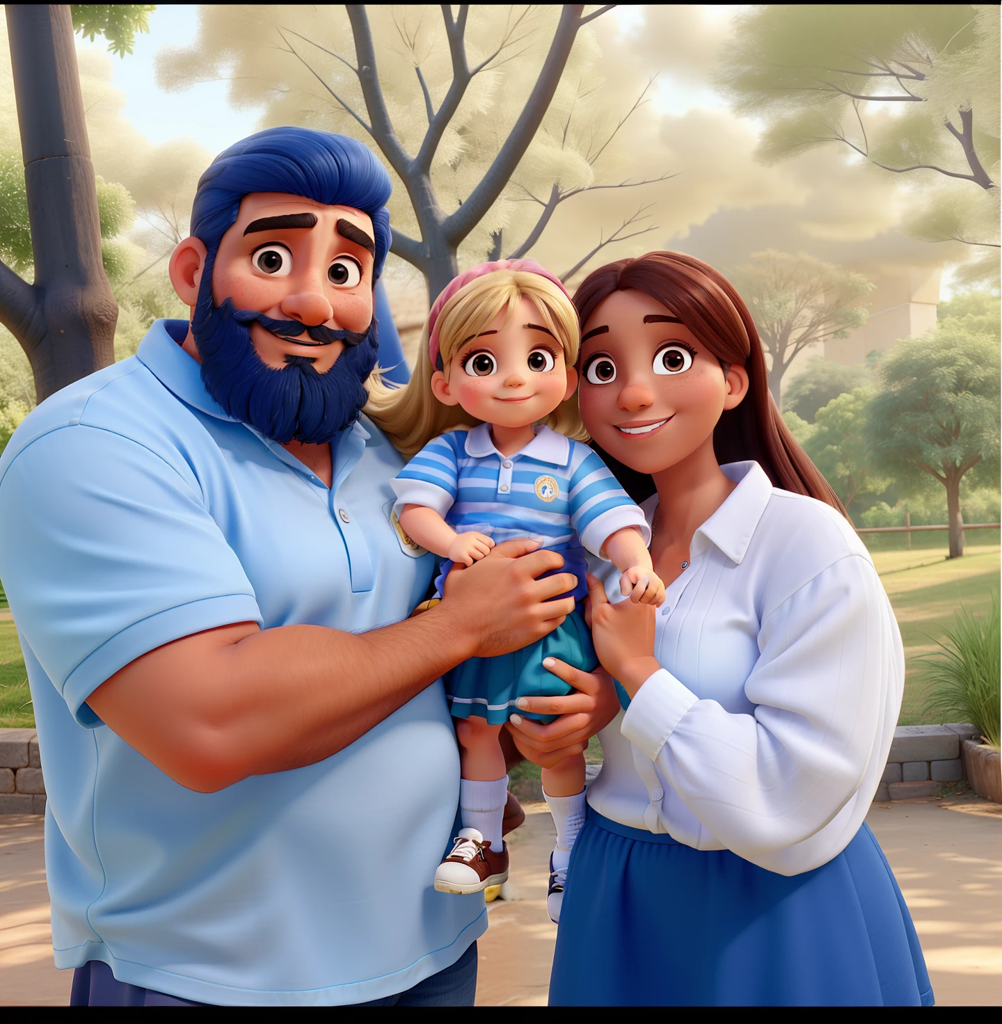 Papai de barba, cabelos marrom, Baby girl Cabelo Curto loiro, Mom in skirt smiling fair skin