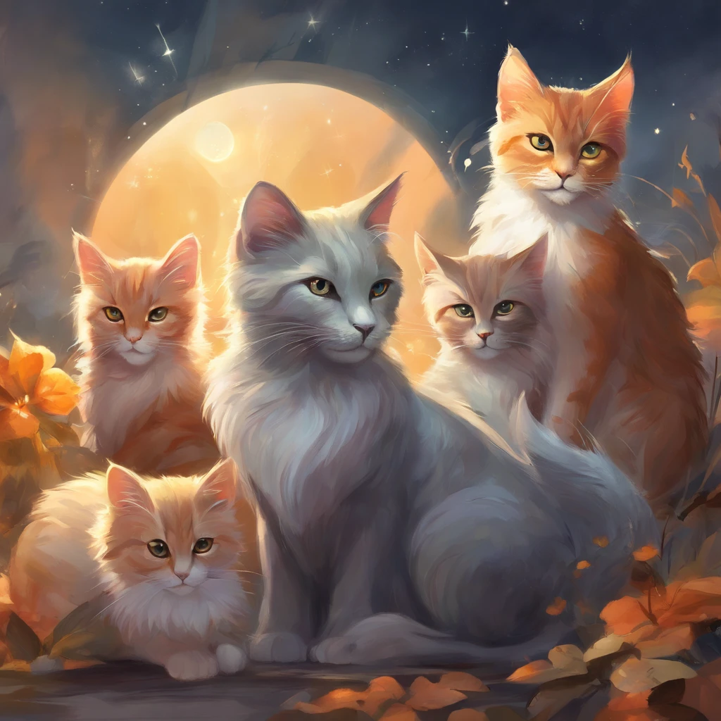 a litter of cats with one cat gray and smaller than the others