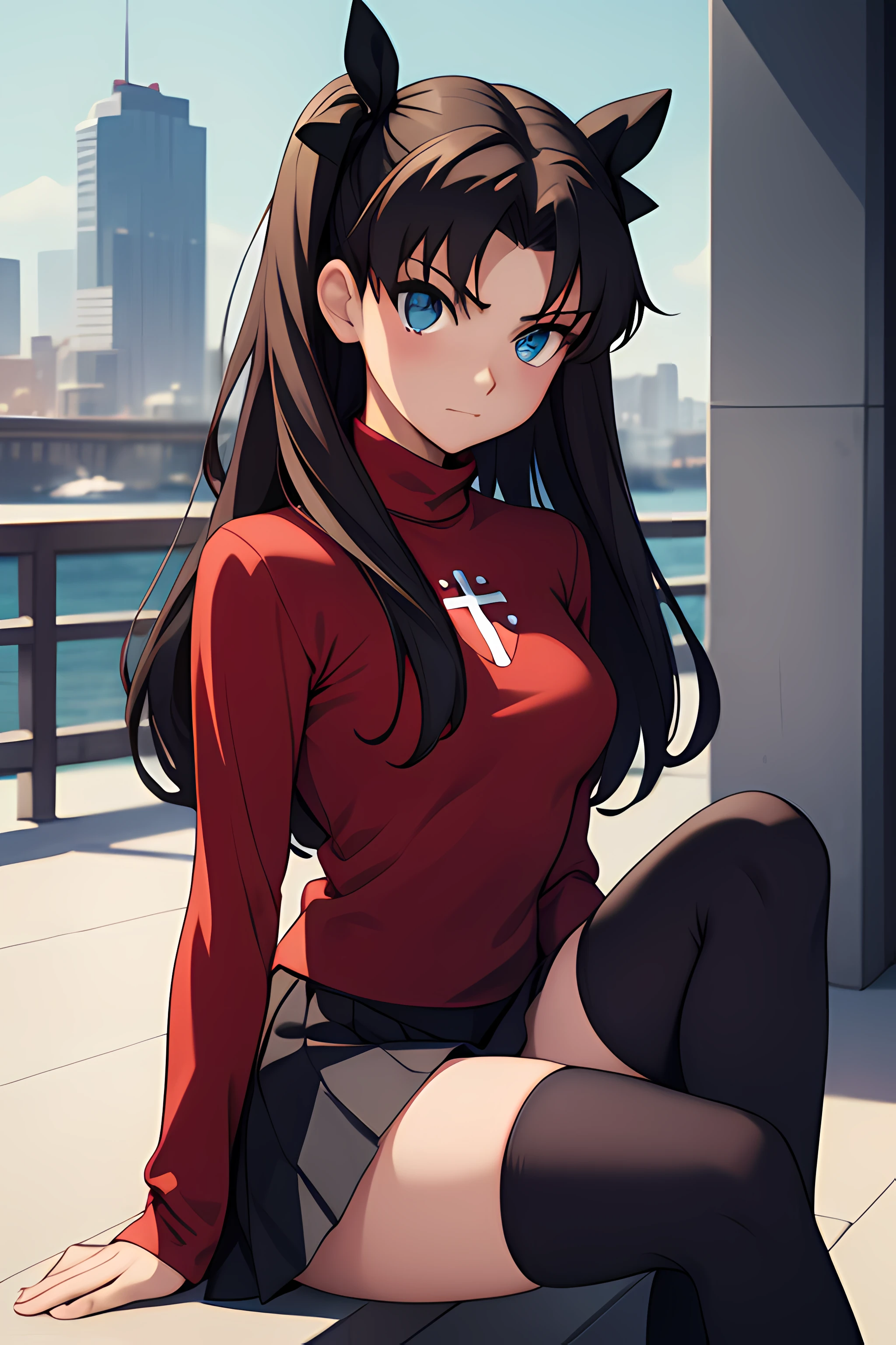 (masterpiece), best quality, expressive eyes, perfect face, 1girl, solo, rintohsaka, rin tohsaka, aqua eyes, black hair, hair ribbon, long hair, ribbon, sidelocks, two side up, black skirt, black thighhighs, long sleeves, miniskirt, pleated skirt, ((red sweater)), skirt, sweater, thighhighs, turtleneck, city background, sitting, portrait, looking at viewer,