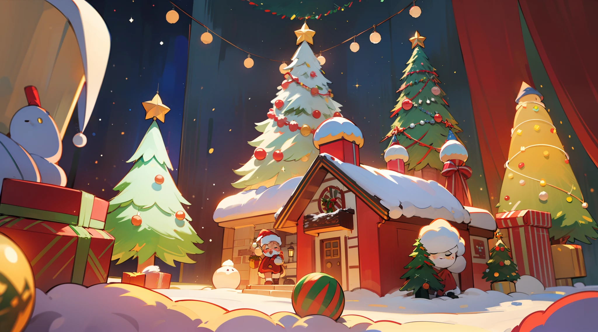 best qualtiy,16k,8K,True exposure,Ray traching,Excellent image quality,Christmas poster,Christmas atmosphere,A real Christmas tree,pompon,bell,Luminous colored light bar,inside in room,Chilling,Santa Claus hat,Christmas decorations are hung on the wall,snowflower,Bottom Up