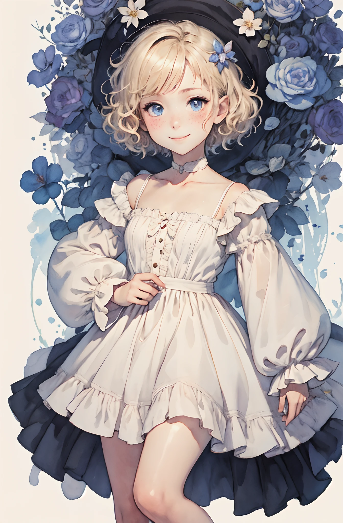 Highest Quality, pale skin, (Face and eye details: 1.2), 1 girl, Very delicate and beautiful girl, light blond, Wavy short hair, Blue eyes, snub nose, (somewhat childish appearance), ((Very beautiful)), (freckle: 0.4), curls, Whole body, Smile, coat, White background, a white world, she is standing on, the background is white, portrait of cute anime girlbabes, Anime visuals of cute girls, Anime girl in white dress, crisp clear rpg portrait, Short hair, Short curled hair, watercolor paiting, Watercolor painting,Holding a teddy bear、With teddy bears