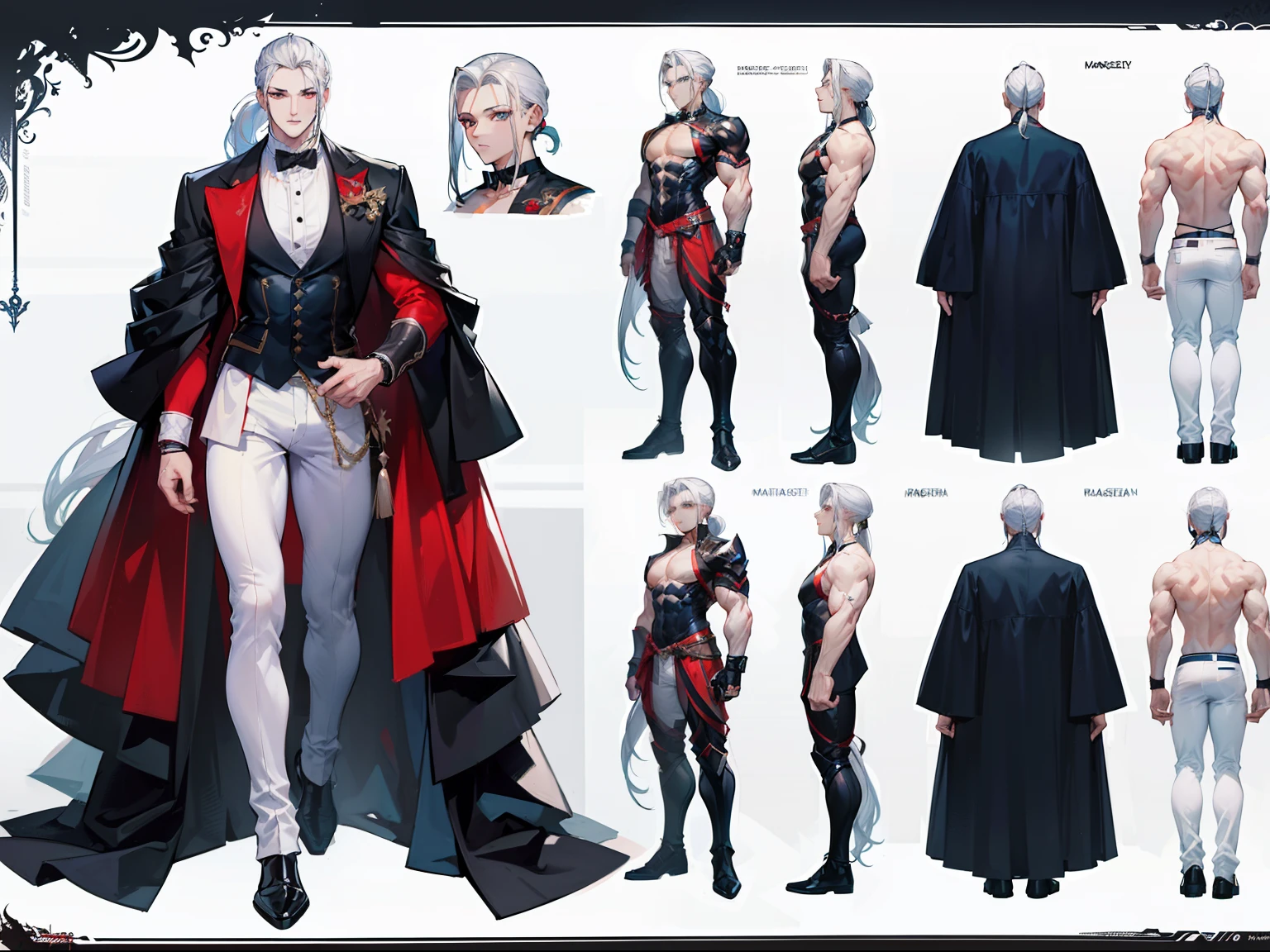 ((Masterpiece, Highest quality)), Male, boy, Detailed face, character design sheet， full bodyesbian, Full of details, frontal body view, back body view, Highly detailed, Depth, Many parts, Muscle boy with ponytail long white hair，handsome man, muscle body, vampire outfit clothes, man tall,