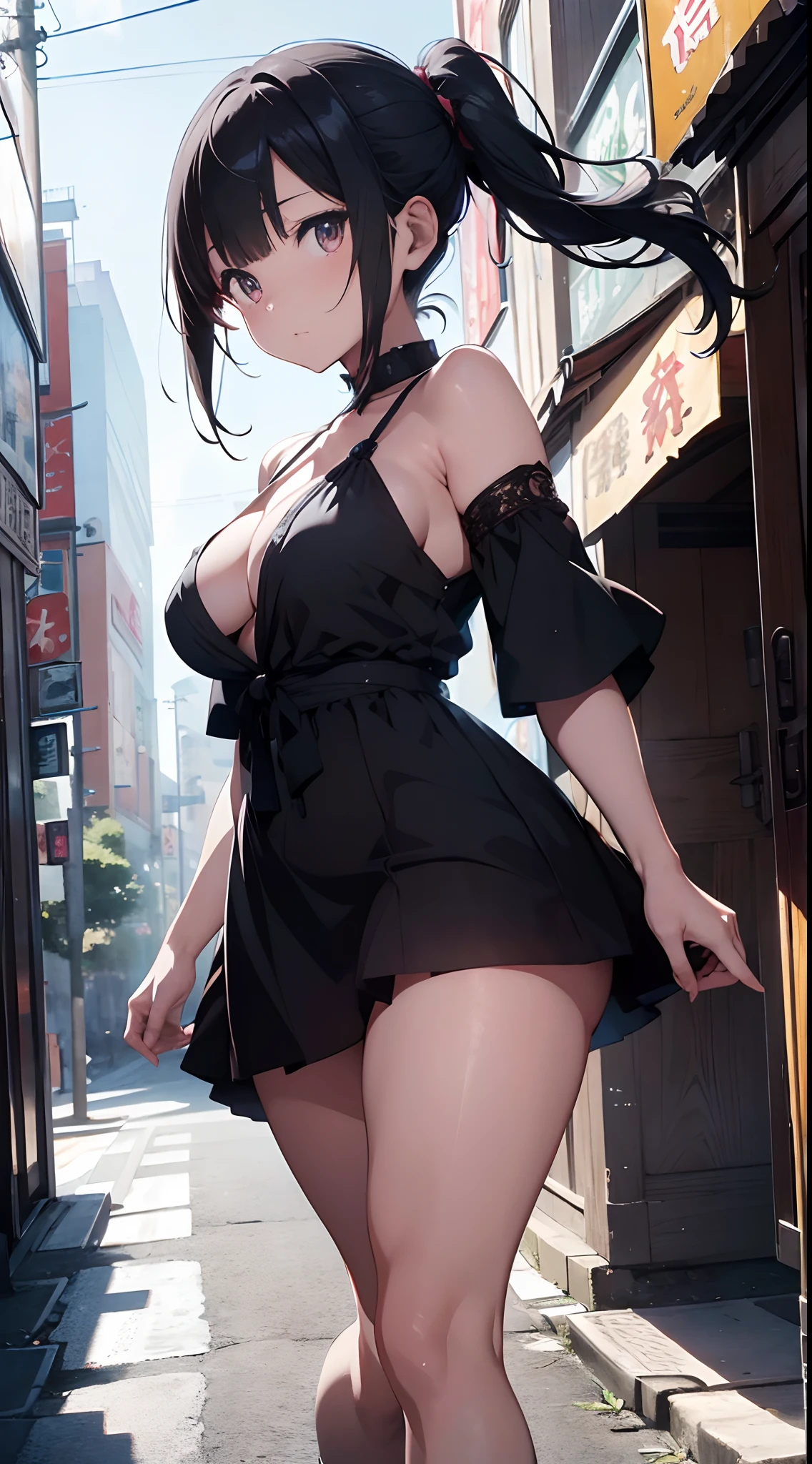 8k HD resolution, (masterpiece), best quality, expressive eyes, perfect face, Higly detailed, Professional art, vivid colours, 135 lens, sun ray lighting, ((bokeh)), (depth of field), Concept: Anime waifu whose eyes are particularly striking and captivating, ((whose arm and legs covered in glowing runes)), wearing (daringly cleavage Yoneyama Mai artistic style short skirt loose glittery dress), masterpiece luminescent anime style drawing, intricate details, [Composition: a striking eyed straight cut short bangs one japanese modern style strict back head bun and straight black haired albino glowing eyes anime character walking in the middle of the magical nothingess] full body art, sensual anime woman, anime illustration, beautiful anime artwork, anime artwork, sharp, high quality fabric, [Mai yoneyama artistic style background], Oil painting of a anime waifu by Yoji shinkawa