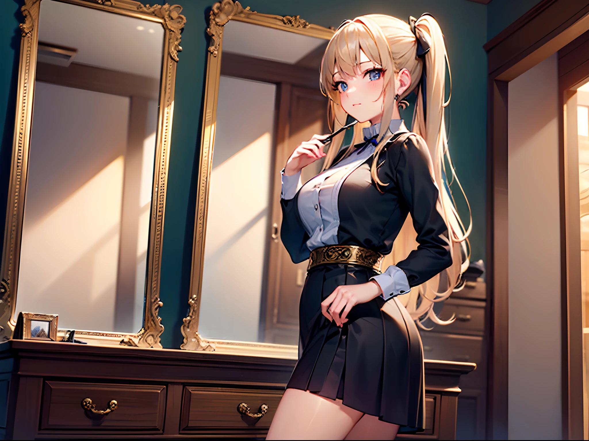 nsfw:1.3,master piece,Best Quality,Ultra-detailed,High resolution,Octane Render,intricate details,absurdres,highres,ultra detailed,ultra hires,1 valkyrie,17yo,bishojyo,Cute,Cool,perfect proportion,upward breasts,waist slender,(blonde single braid),Radiant hair,(hair, Realistic:1),gradient hair,Beautiful Girl,Beautiful mature face,the girl exudes confidence and elegance,big bright green eyes studded with gold and silver dust,pinky and glowing skin,plump lips,A seductive and confident smile,embarrassed,
Pretty and intimidating girl. She wears a very elegant black military dress (white shirt, purple side-tie panties with lace part,blazer,mini skirt,Garter Belt).zettai ryouiki,cameltoe,military cap,She is a very elegant and dominant girl. Hyperdetailing masterpiece, hyperdetailing skin, masterpiece quality, with 4k resolution. Long hair, himecut hairstyle,Mansion in background. She belongs to the nobility. cold and dominant gaze, masterpiece, best quality, incredibly absurdres. bright blue eyes shining brightly.