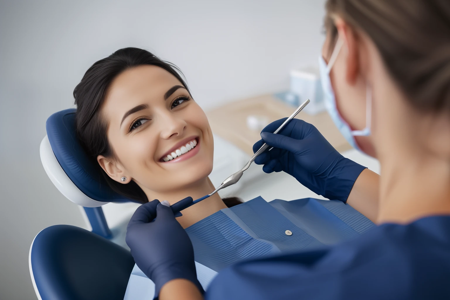 A woman in a blue shirt is being brushed by a dentist, dentist, Make the best smug smile, welcoming smile, and she smiling,Very excited, she's smiling, with a beautiful smile, is playing happily, she has perfect white teeths, Charming smile, smiling warmly, shutter inventory, having fun, and she smiling,Very happy, Smile confidently