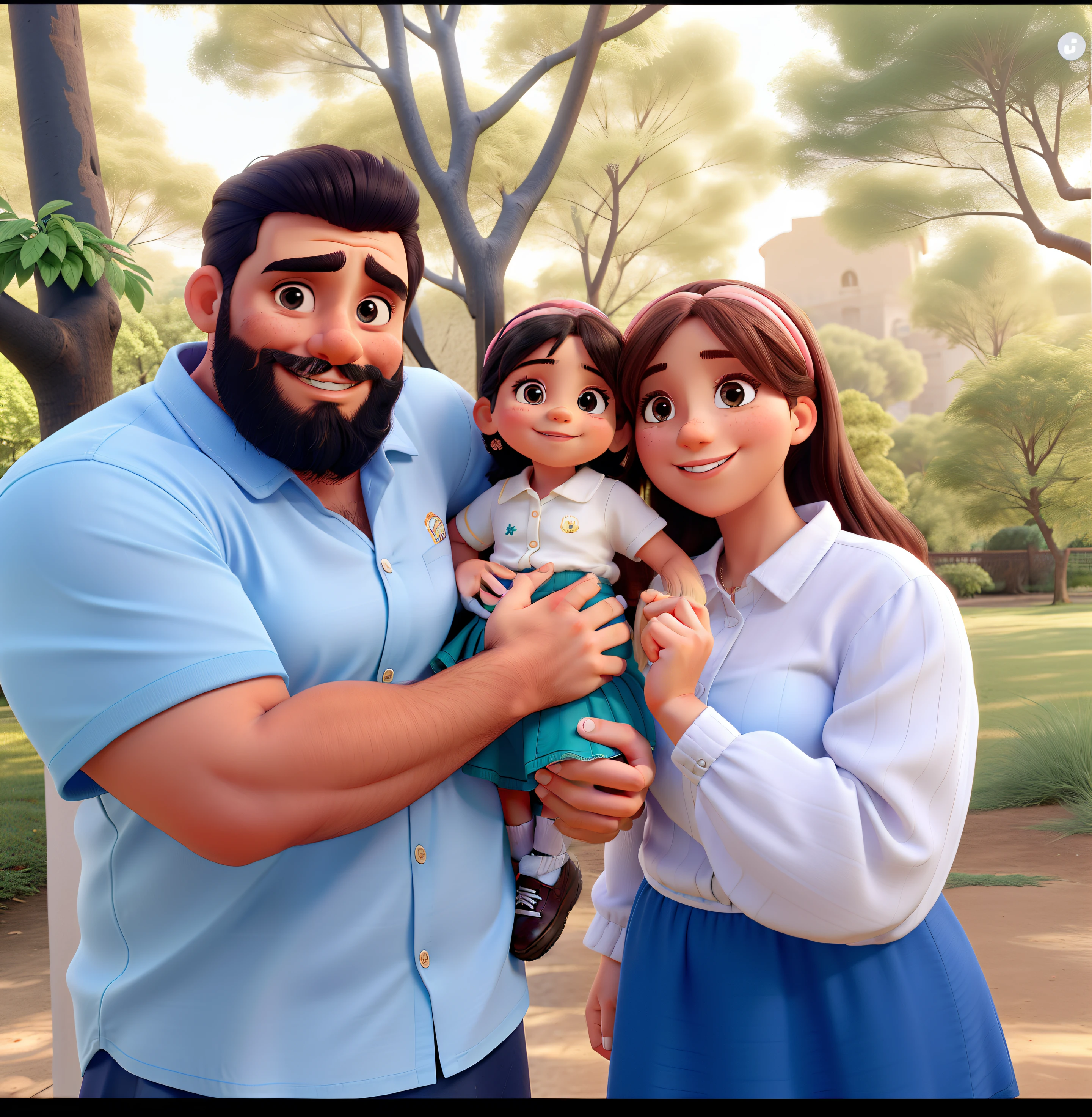 Papai de barba, girl Cabelo Curto loiro, Mommy in skirt smiling