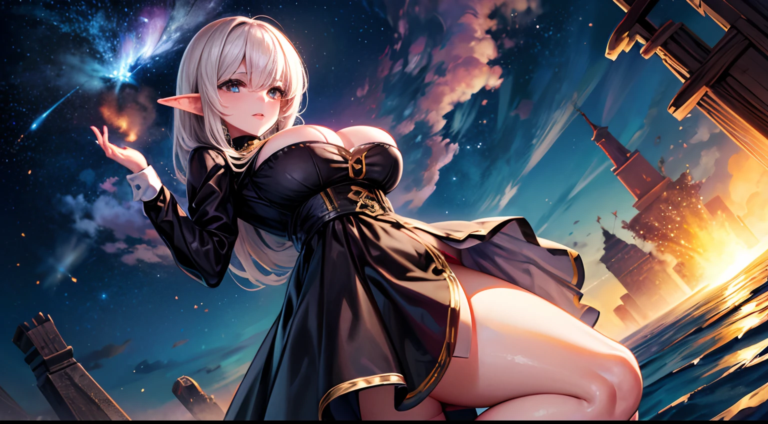 huge meteor in midnight, female elf looking at the meteor at opened field, detailed short dress, gigantic breasts, cleavage, small waist, thick thighs, giga_busty