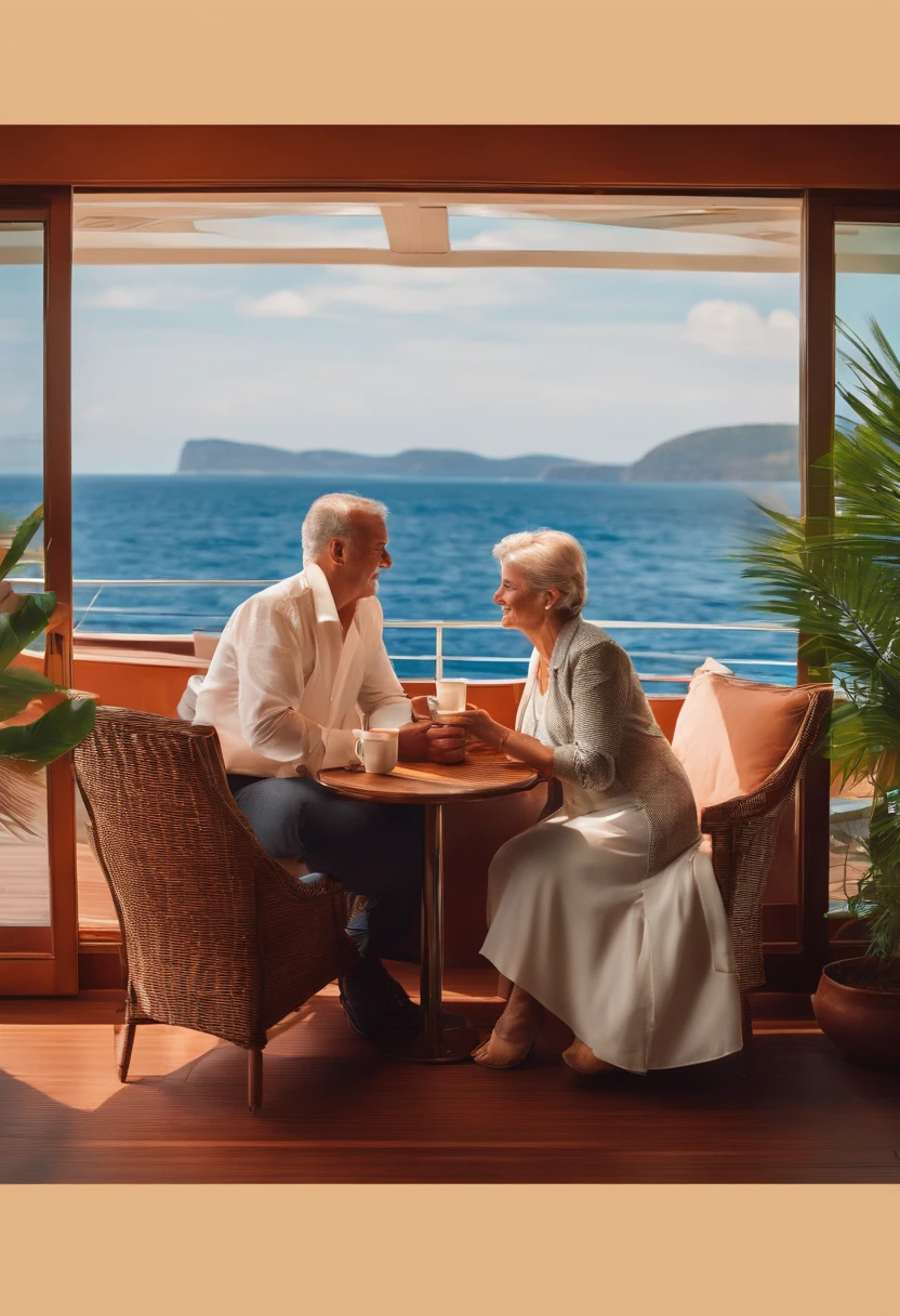 A middle-aged couple looking at the scenery while drinking coffee on a cruise