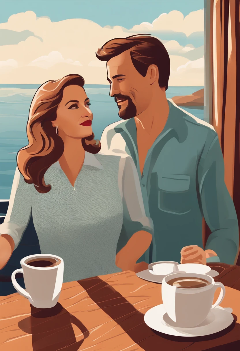 A middle-aged couple looking at the scenery while drinking coffee on a cruise