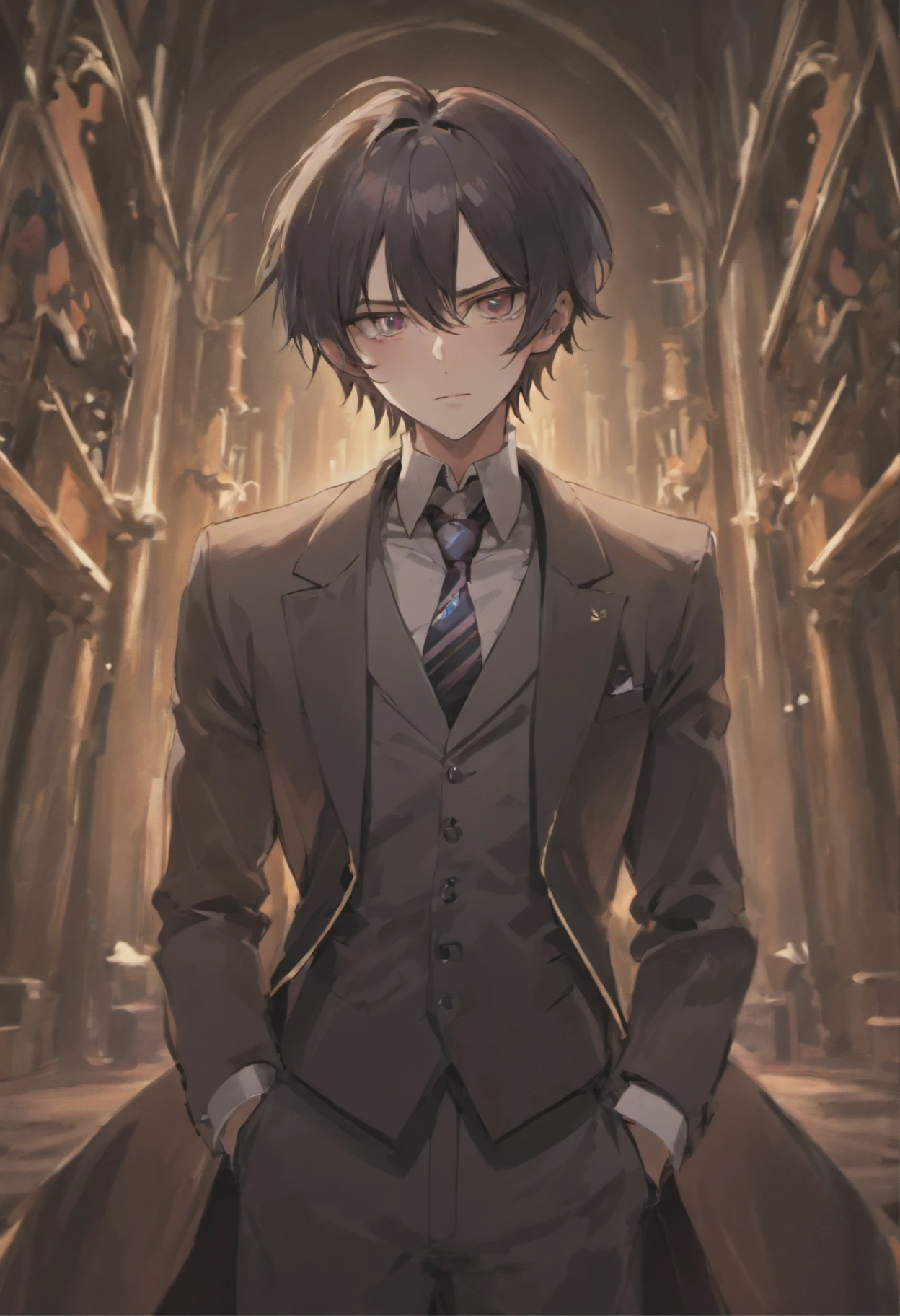 Adult male around 28 years, pale skin, dark long hair, a sharp and refined set of features, long lashes, and beautiful eyes, vampire, handsome, formal and gothic attire, calm, bishonen