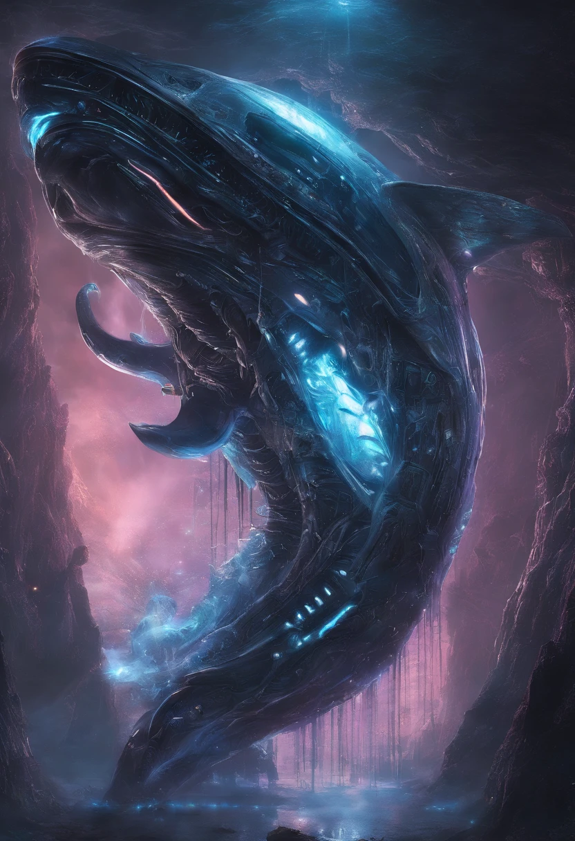 Van Terchall, Transparent ethereal whales,It has refined features in a sci-fi environment, glowing from within, Sparks and lights, Moonlight, Moon, Close-up, Realistic, Highly detailed, Intricate