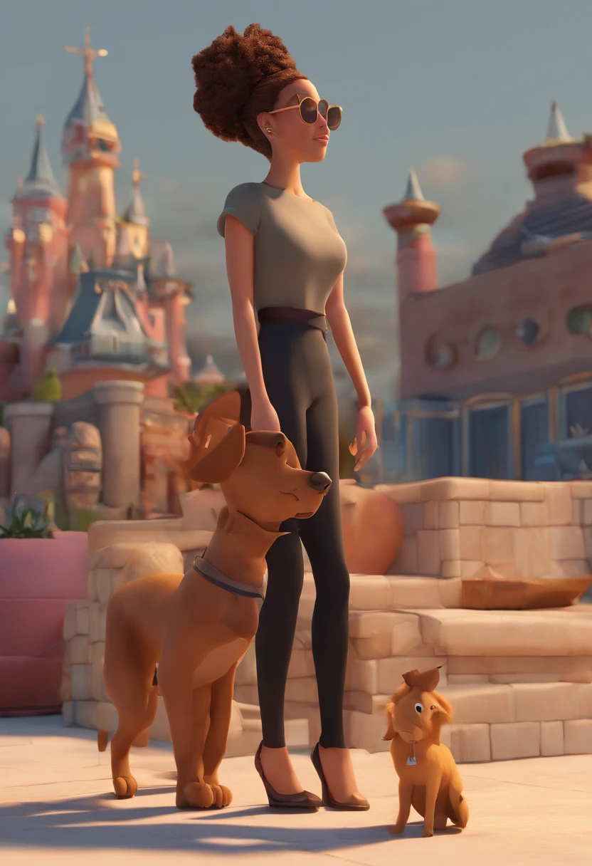uma mulher de cabelos longos e pretos, with black shirt and pants, and a medium-sized caramel dog. Ilustre esta cena a partir de uma perspectiva, where they're facing away from the camera, Show Your Connection. Desenvolva esta arte em Full HD, Focus on your cinematic touch, Estilo Disney Pixar Animations