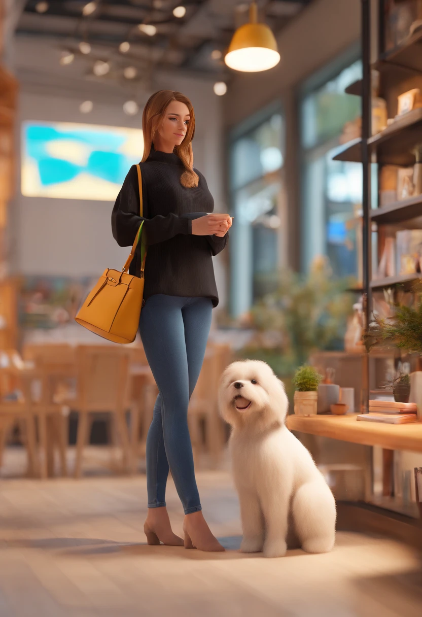 uma mulher de cabelos longos e pretos, with black shirt and pants, and a medium-sized caramel dog. Ilustre esta cena a partir de uma perspectiva, where they're facing away from the camera, Show Your Connection. Desenvolva esta arte em Full HD, Focus on your cinematic touch, Estilo Disney Pixar Animations