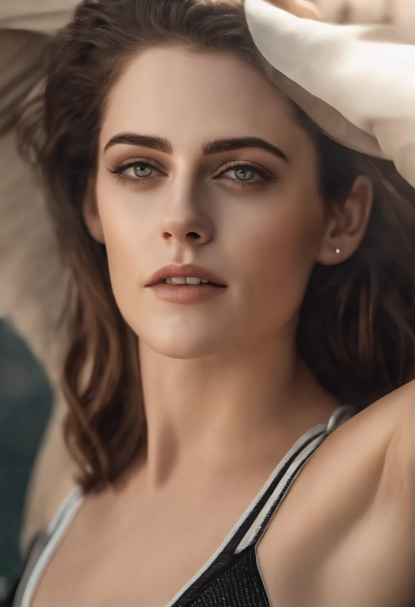 Kristen Stewart, (cabelo curto cachos como menino), atmospheric lights, raios de deus, rosto feminino perfeito, ultradetalhado, com listras branco, pele detalhada, ultra realista, bokeh, sharp features, melhor qualidade, ultra alta res, rosto detalhado, rosto realista, corpo inteiro, foto crua, profundidade de campo rasa, hdr, 8k, cinemactic, olhos ultra-contados, ultra realismo, hiper realismo luz suave, (Top Quality, 8k), Micro bikini underwear, Description Ultra-thin, The nipple tips are protruding, The pubic shape is clearly visible, Pernas bem abertas, ((Corte em camada, grande: 1.2)), Dormir na cama, Transparent pubic area, bra white, seios enormes