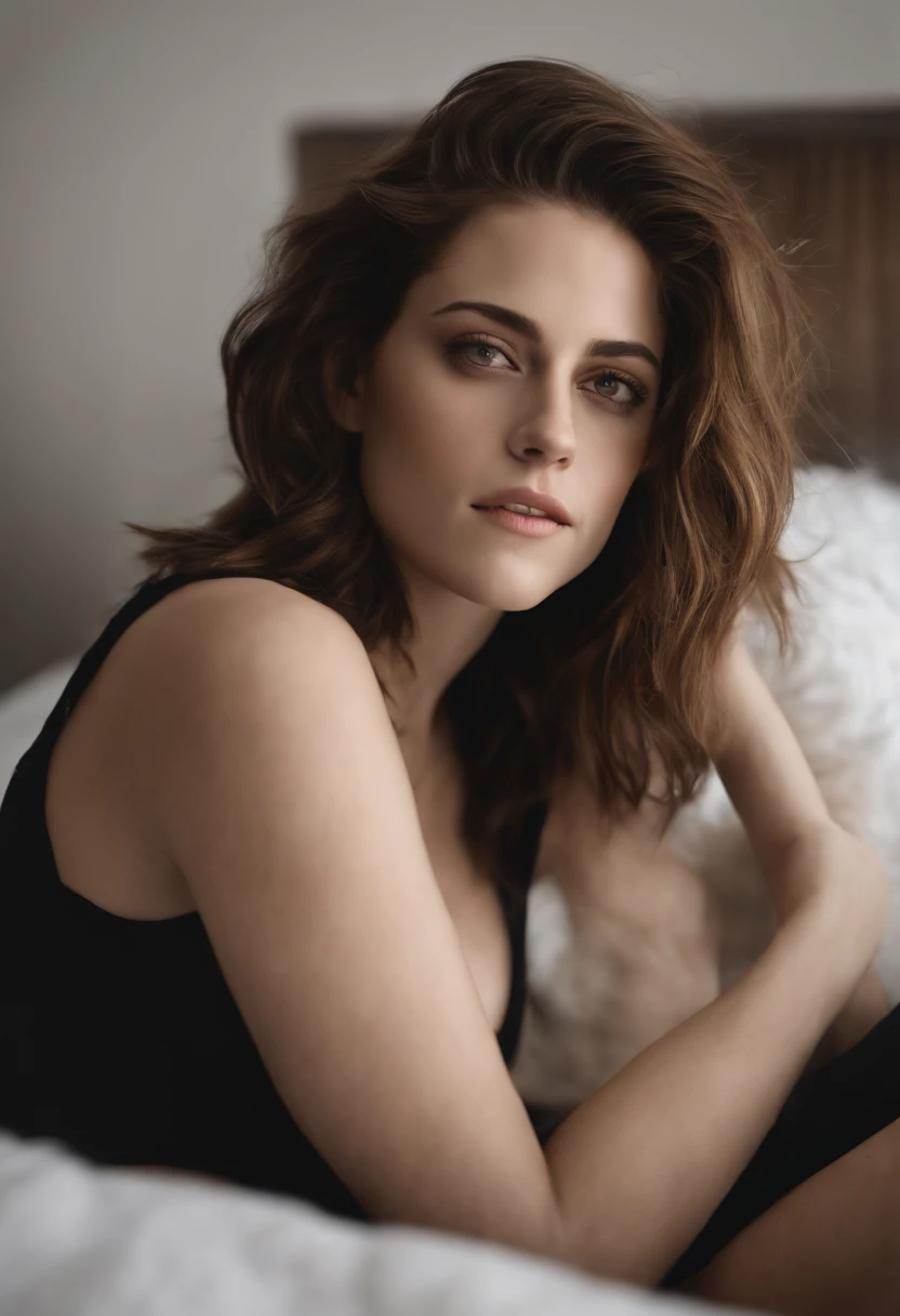 Kristen Stewart, (cabelo curto cachos como menino), atmospheric lights, raios de deus, rosto feminino perfeito, ultradetalhado, com listras branco, pele detalhada, ultra realista, bokeh, sharp features, melhor qualidade, ultra alta res, rosto detalhado, rosto realista, corpo inteiro, foto crua, profundidade de campo rasa, hdr, 8k, cinemactic, olhos ultra-contados, ultra realismo, hiper realismo luz suave, (Top Quality, 8k), Micro bikini underwear, Description Ultra-thin, The nipple tips are protruding, The pubic shape is clearly visible, Pernas bem abertas, ((Corte em camada, grande: 1.2)), Dormir na cama, Transparent pubic area, bra white, seios enormes
