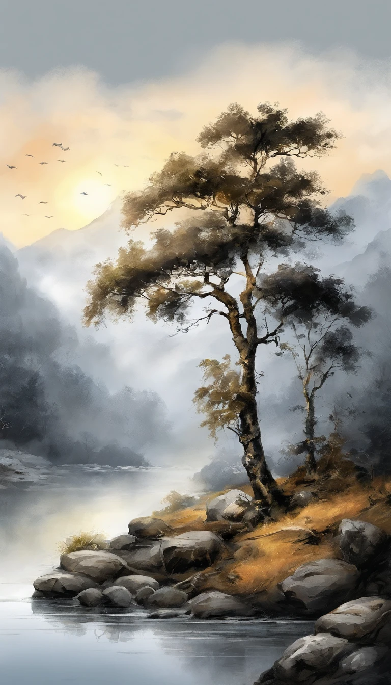 ink wash style,Winter days、jungles、lakes、Mountain hole、The tree、grass field、boulders、hot onsen、hydrosphere、(illustratio:1.0)、epic composition、Realistic lighting、high definition detail、tmasterpiece、Best Quality,(extremely detailed CG unified 8k wallpaper)