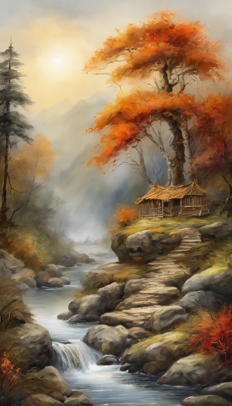 ink wash style,Winter days、jungles、lakes、Mountain hole、The tree、grass field、boulders、hot onsen、hydrosphere、(illustratio:1.0)、epic composition、Realistic lighting、high definition detail、tmasterpiece、Best Quality,(extremely detailed CG unified 8k wallpaper)