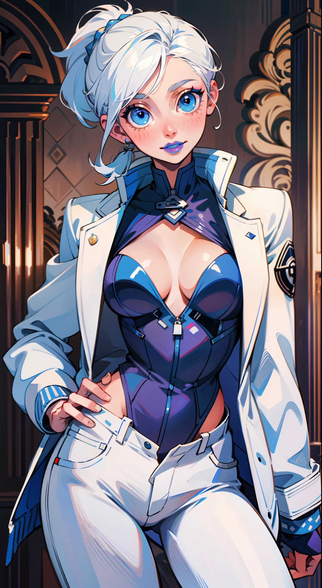 Adult woman, short white hair, high ponytail, blue eye color, White luxury jacket, pants, open breasts, blue lipstick, ssmile, Masterpiece, hiquality