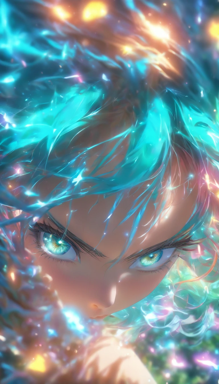 (Best quality,4K,8K,A high resolution,Masterpiece:1.2),Ultra-detailed,(Realistic,Photorealistic,photo-realistic:1.37),femele，Turquoise eyes glow,rainbow colour hair,Cast luminous spells,mystical forest,illustration,Enchanting atmosphere,Vibrant colors,Soft lighting