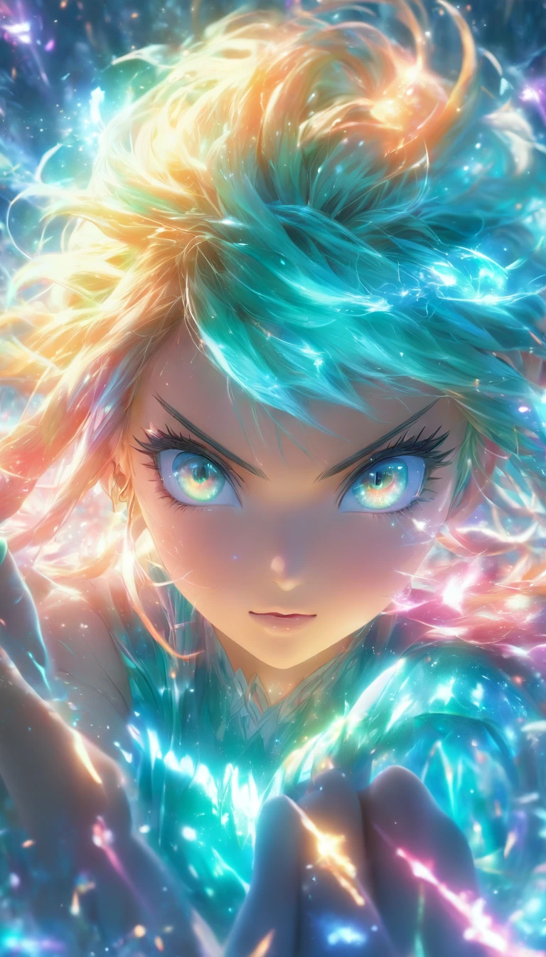 (Best quality,4K,8K,A high resolution,Masterpiece:1.2),Ultra-detailed,(Realistic,Photorealistic,photo-realistic:1.37),femele,Turquoise eyes glow,rainbow colour hair,Cast luminous spells,mystical forest,illustration,Enchanting atmosphere,Vibrant colors,Soft lighting