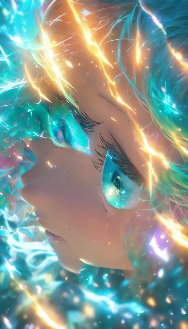 (Best quality,4K,8K,A high resolution,Masterpiece:1.2),Ultra-detailed,(Realistic,Photorealistic,photo-realistic:1.37),femele,Turquoise eyes glow,rainbow colour hair,Cast luminous spells,mystical forest,illustration,Enchanting atmosphere,Vibrant colors,Soft lighting