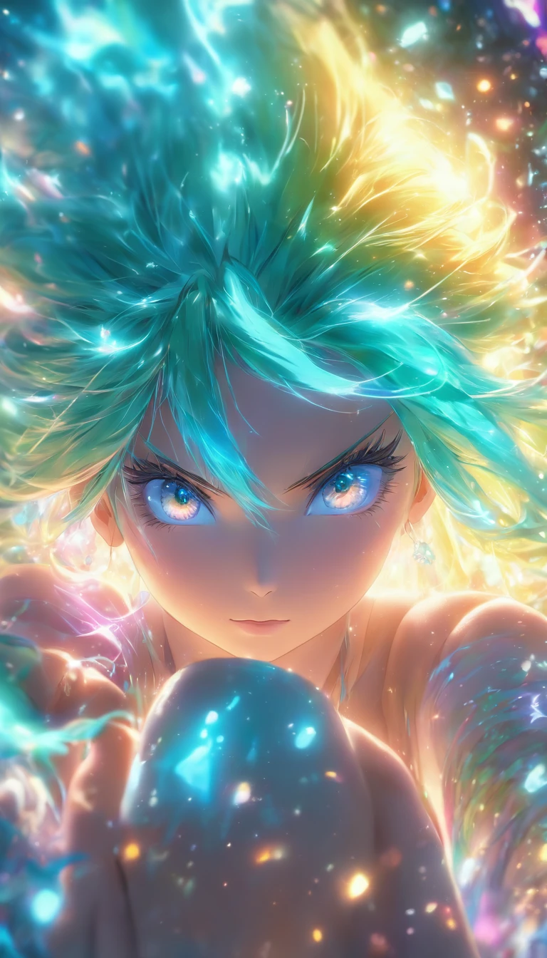 (Best quality,4K,8K,A high resolution,Masterpiece:1.2),Ultra-detailed,(Realistic,Photorealistic,photo-realistic:1.37),femele，Turquoise eyes glow,rainbow colour hair,Cast luminous spells,mystical forest,illustration,Enchanting atmosphere,Vibrant colors,Soft lighting