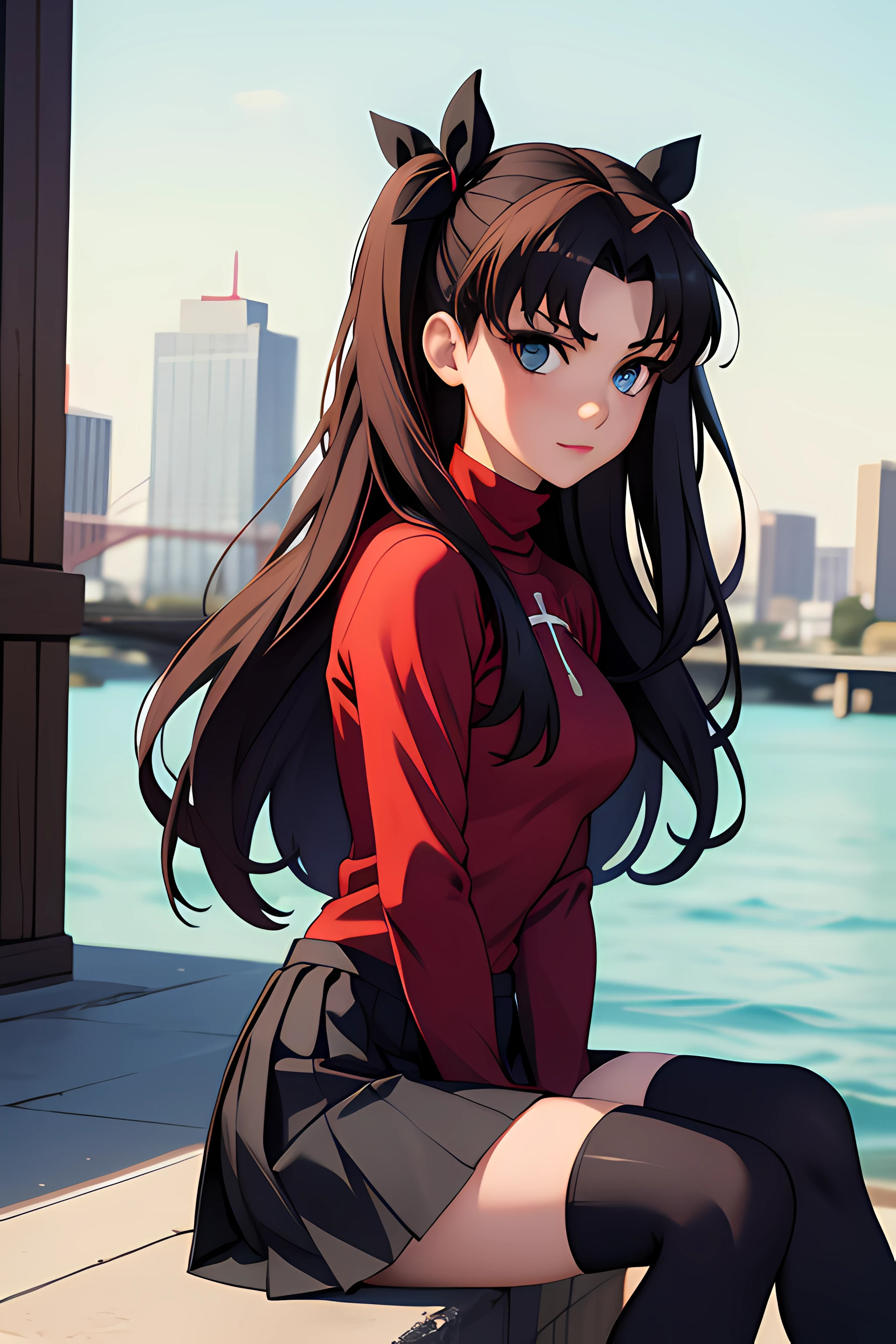 (masterpiece), best quality, expressive eyes, perfect face, 1girl, solo, rintohsaka, rin tohsaka, aqua eyes, black hair, hair ribbon, long hair, ribbon, sidelocks, two side up, black skirt, black thighhighs, long sleeves, miniskirt, pleated skirt, ((red sweater)), skirt, sweater, thighhighs, turtleneck, city background, sitting, portrait, looking at viewer,