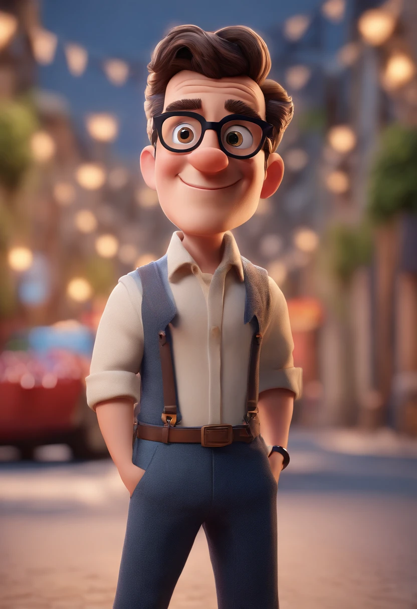 Cartoon character of a man with black glasses and a blue shirt, animation character, Caractere estilizado, animation style rendering, 3D estilizado, Arnold Maya render, 3 d render stylized, toon render keyshot, Personagem 3D, Personagem 3D, 3d rendering stylized, 3 d character render, personagem de desenho animado, Personagem de close up, Pose de personagem,  (Estilo Pixar) (master part:1.2) (Bokeh) (best quality) (pele detalhada) (textura detalhada) (8k) (argila) (Cinematic lighting) (foco nítido