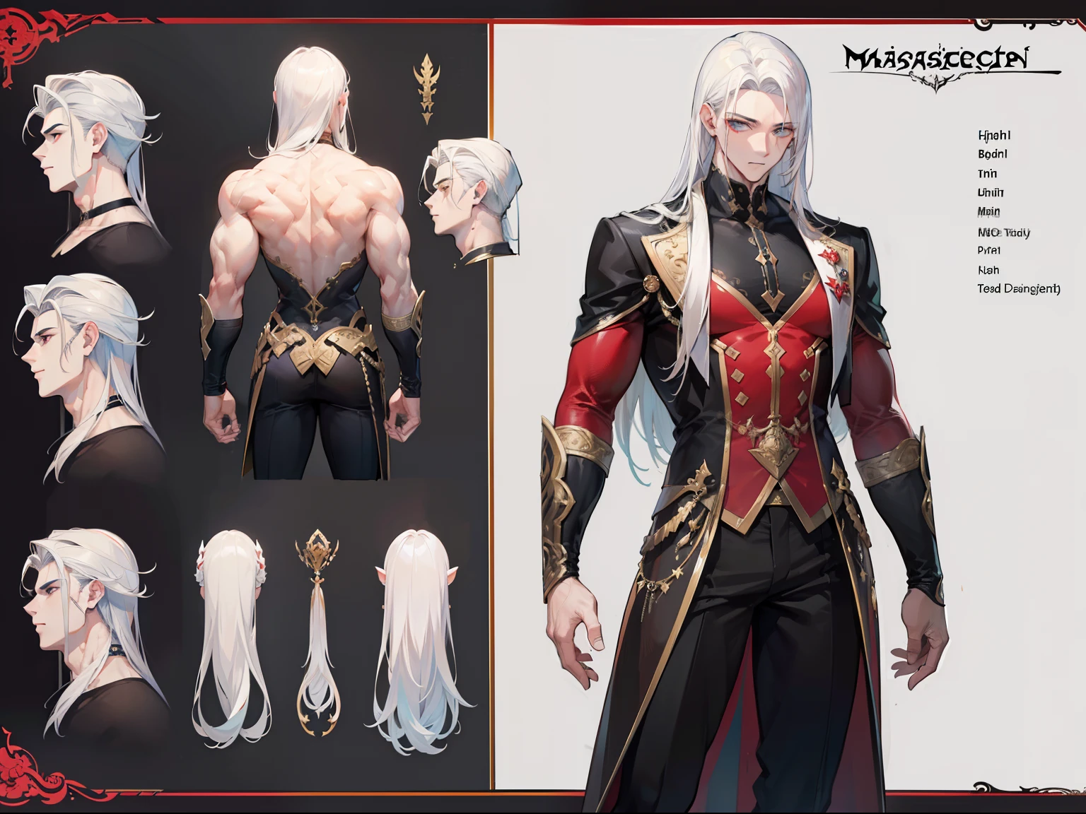 ((Masterpiece, Highest quality)), Male, boy, Detailed face, character design sheet, full bodyesbian, Full of details, frontal body view, back body view, Highly detailed, Depth, Many parts, Muscle boy with long white hair with long bangs,handsome man, muscle body, vampire outfit clothes, man tall