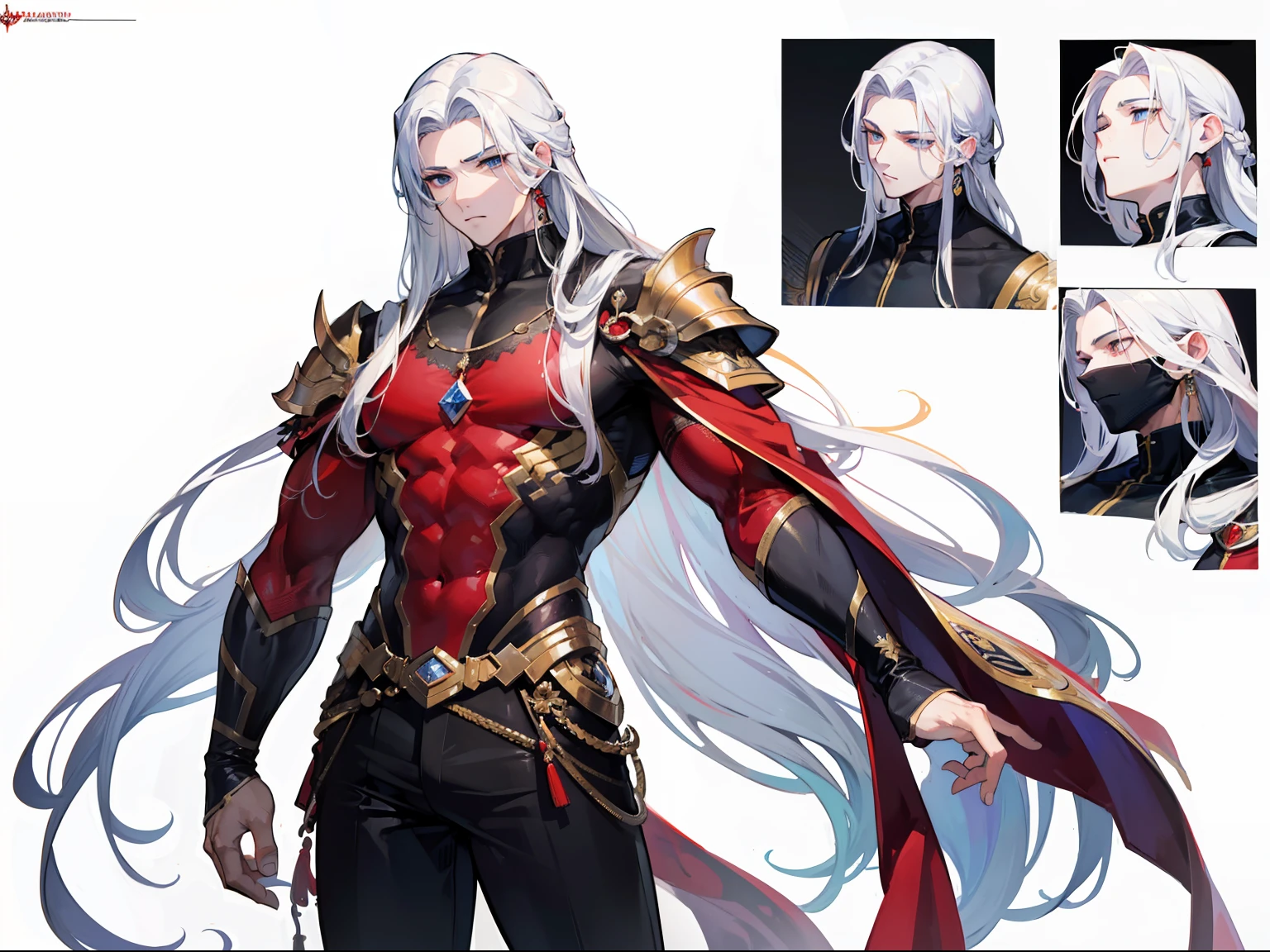 ((Masterpiece, Highest quality)), Male, boy, Detailed face, character design sheet, full bodyesbian, Full of details, frontal body view, back body view, Highly detailed, Depth, Many parts, Muscle boy with long white hair with long bangs,handsome man, muscle body, vampire outfit clothes, man tall