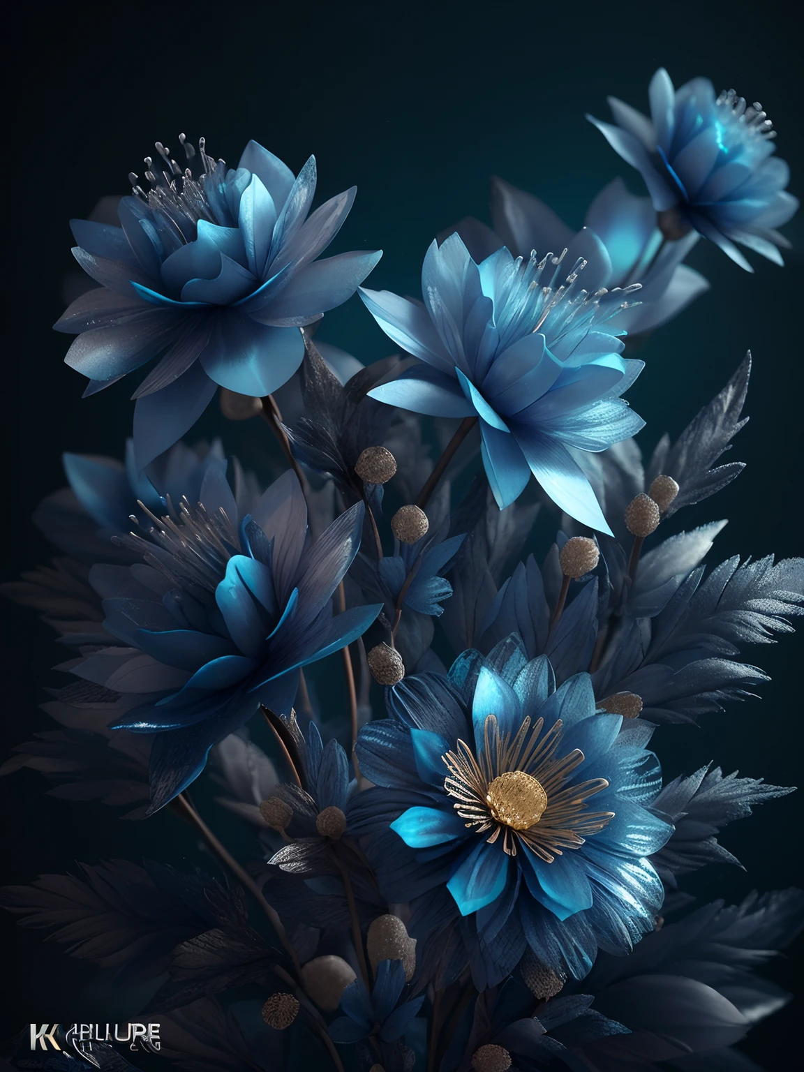 3Drenderingof，solid，Three-dimensional flower pattern，Blue flowers，Metallic，high textured，ice flower，k hd，meticuloso，delicated