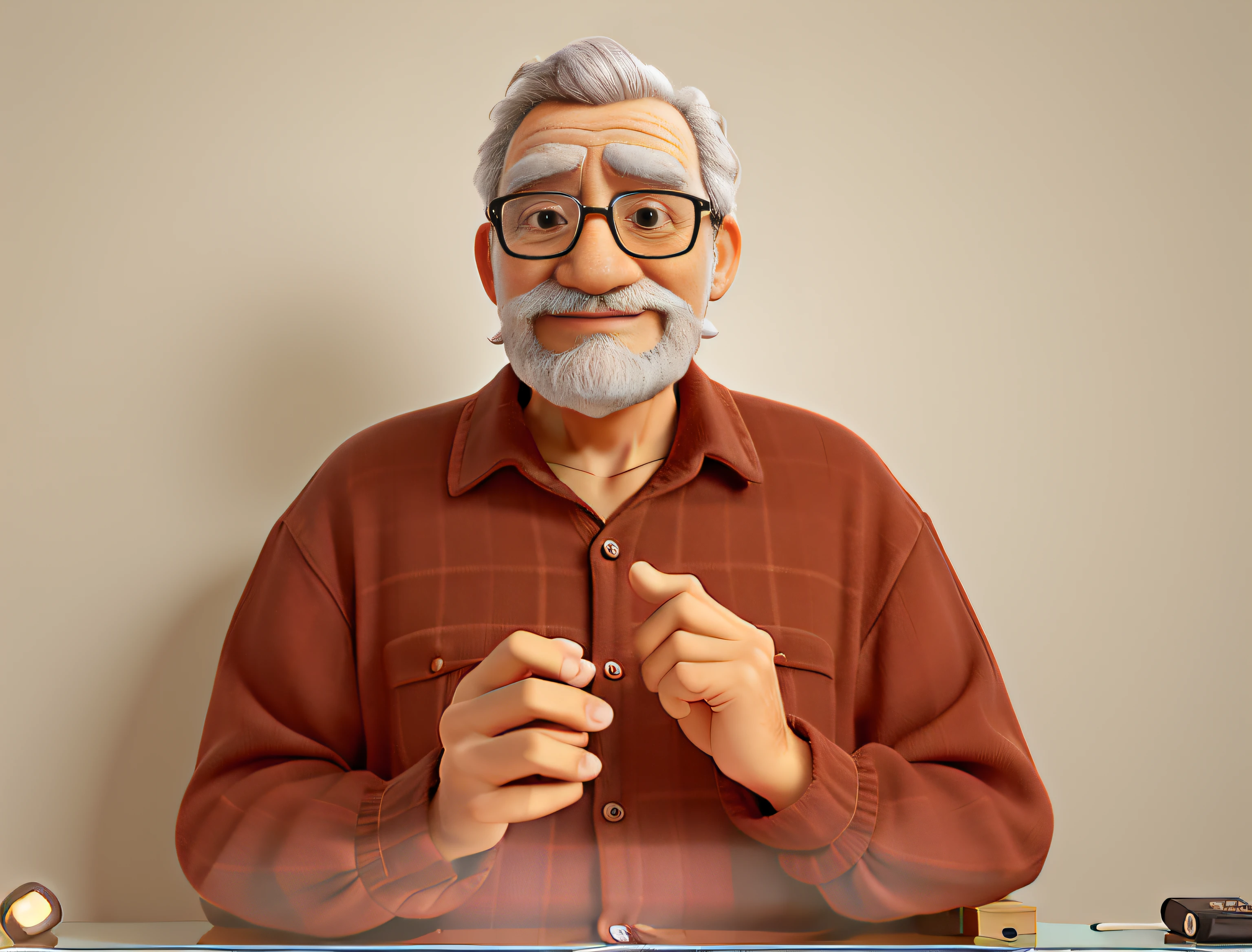 A WISE OLD MAN, risonho, sem barba e bigode, parado na frente, illuminated by the light of a lamp, contra o pano de fundo de uma biblioteca