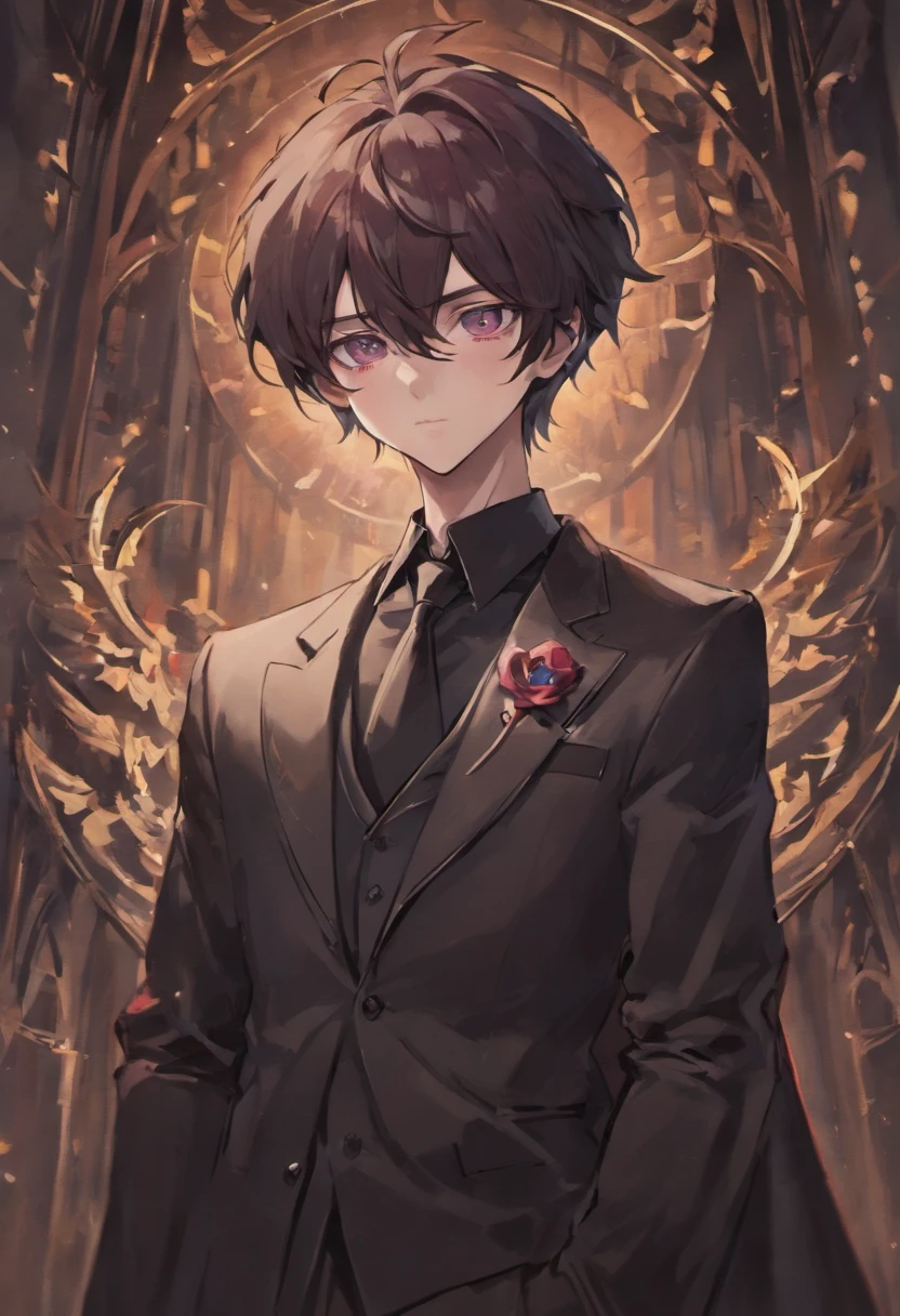 Adult male around 28 years, pale skin, dark long hair, a sharp but pretty face, long lashes, and beautiful eyes, vampire, handsome, formal and gothic attire, calm, bishonen, refined