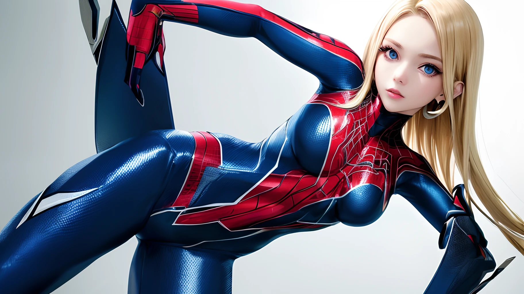 Spiderwoman in tight suit with blond hair blue eyes and with piercings