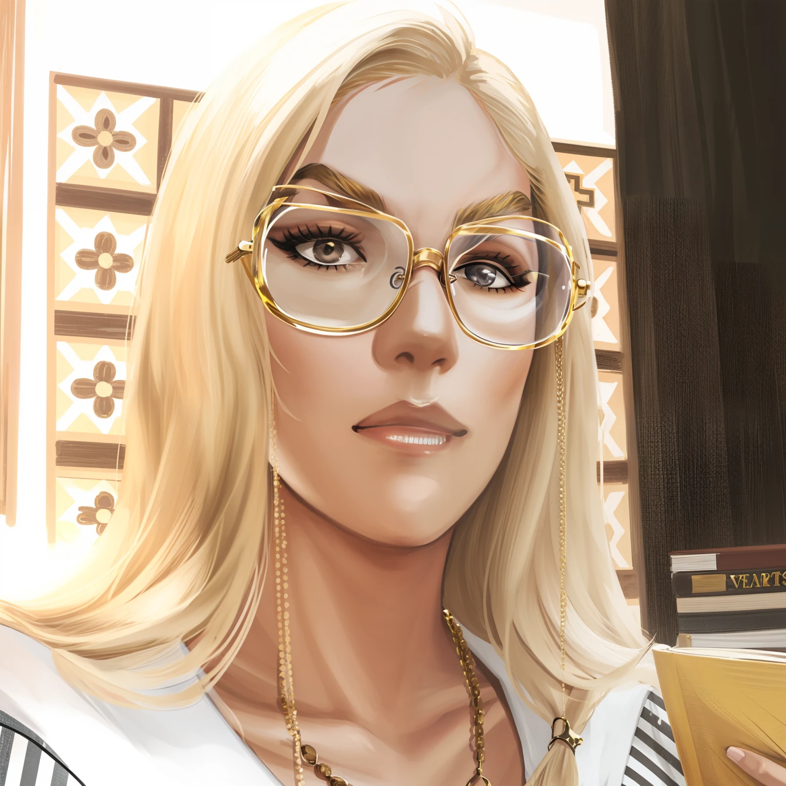 Blonde woman with glasses and a chain around her neck, wearing gold glasses, !!wearing modern glasses!!, wearing square glasses, grande!!!!!! Eyeglasses!!!, wearing reading glasses, with square glasses, thick glasses, gold glasses, wearing thin large round glasses, Directed by: Jeka Kemp, with glasses on, With eye Glasses, Directed by: Pamela Ascherson, 4 5 I, imagem de perfil