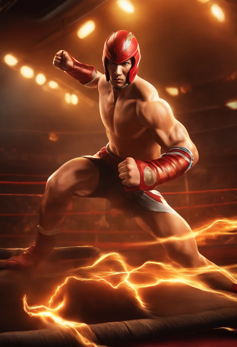 A champion:lee sin's skin muay thai based on online game League of Legends, a martial arts fighter wearing muay thai clothing performs a powerful kick with lightning-fast speed, showing off his muscular physique and intense focus. The scene is set in a colorful arena with bright lights illuminating the fighting stage. The artist captures the essence of the character's detailed facial features, including his striking eyes, sharp nose, and determined expression. The image is rendered in high resolution, with ultra-detailed shading and realistic textures to showcase the masterful artistry. The color palette leans towards vibrant hues, enhancing the energetic atmosphere. The lighting highlights the fighter's strong limbs and emphasizes his dynamic motion.