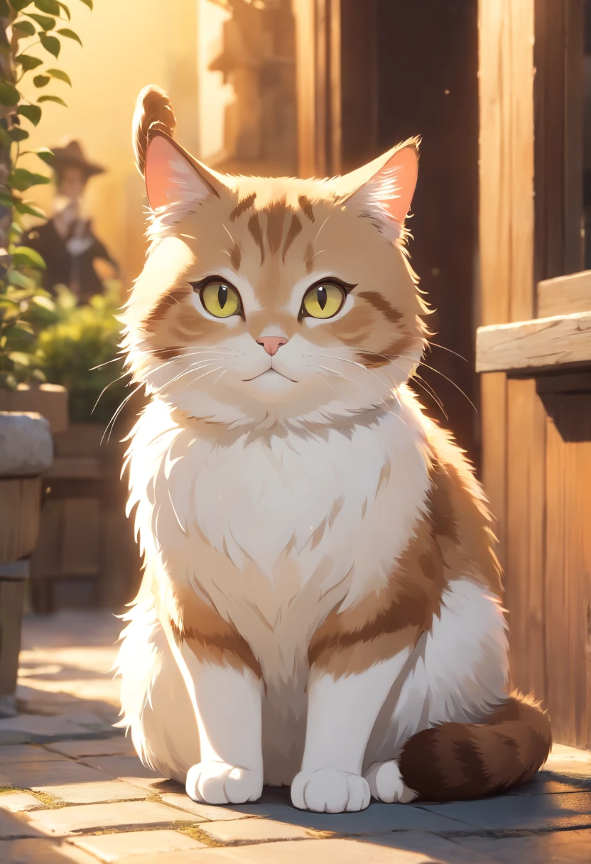 There is a cat sitting on the ground in front of a potted plant - SeaArt AI