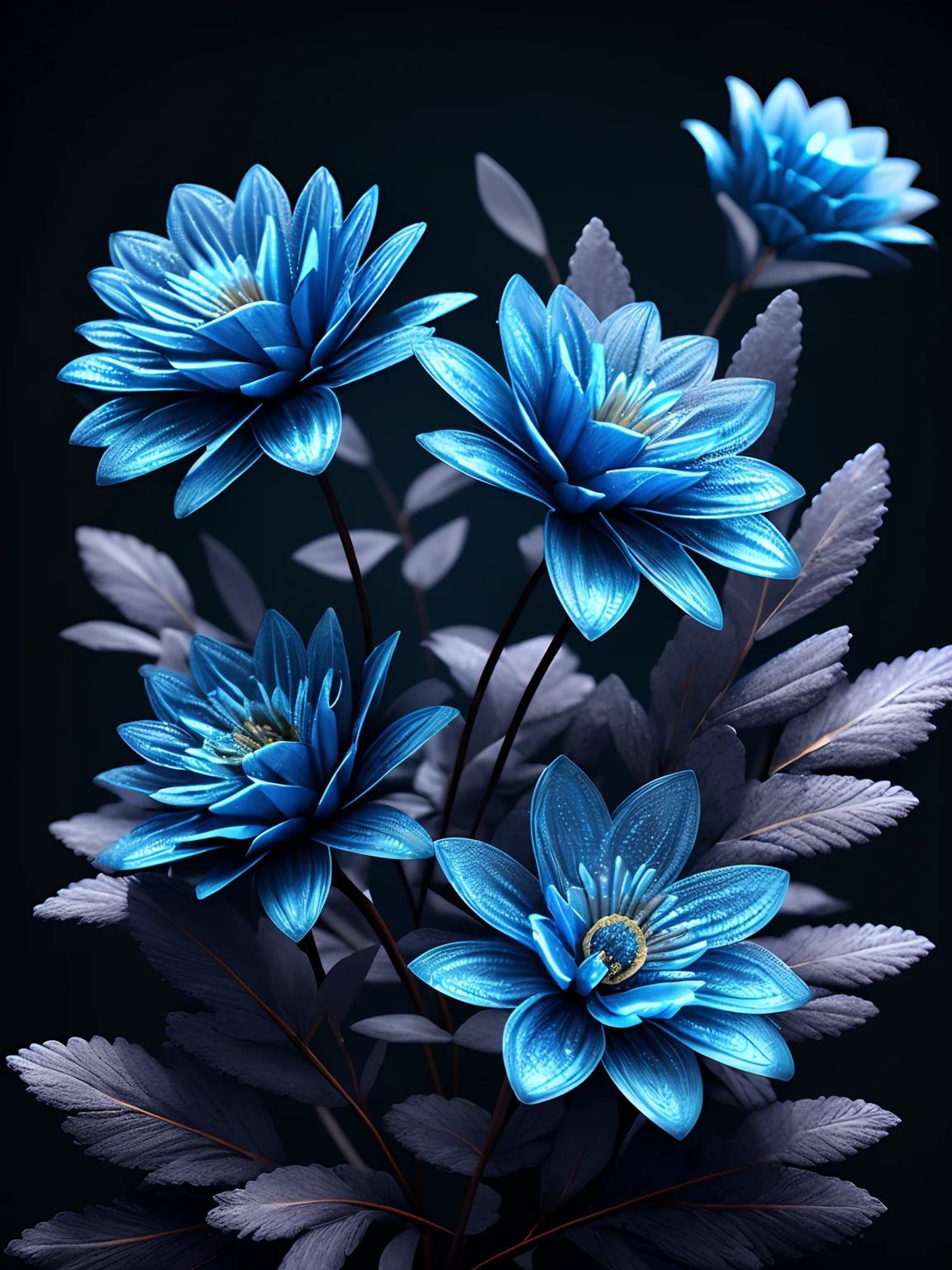 3Drenderingof，Solid，Three-dimensional pattern，Blue flowers，Metallic，high textured，ice flower，k hd，meticuloso，delicated