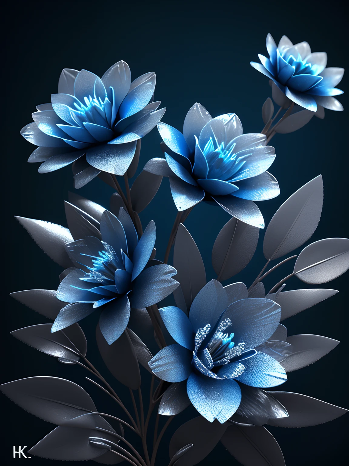 3Drenderingof,Solid,Three-dimensional pattern,Blue flowers,Metallic,high textured,ice flower,k hd,meticuloso,delicated