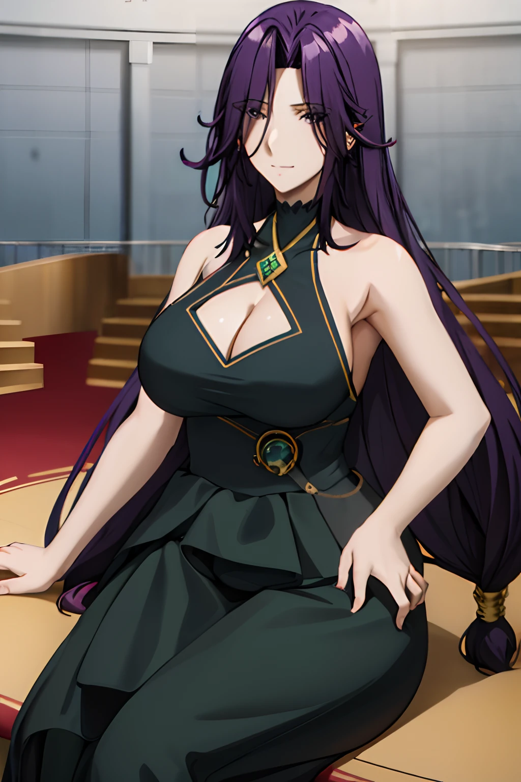masterpiece, best quality, AuroraV4, 1girl, solo, purple hair, long hair, solo, breasts, indoors, sitting on chair, professional lighting, slight smile, cowboy shot, cleavage, very long hair, hand on hip, black hair
