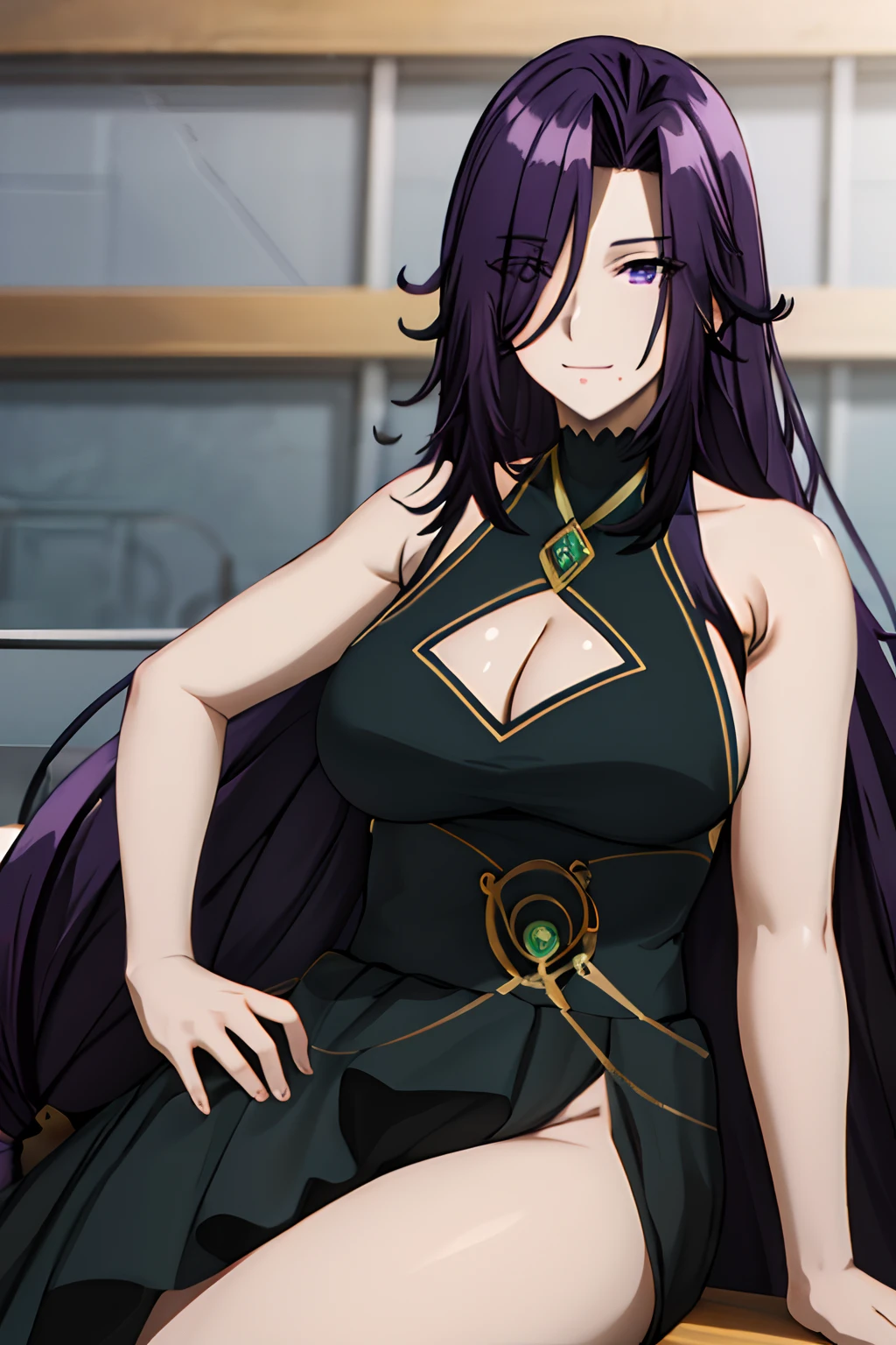 masterpiece, best quality, AuroraV4, 1girl, solo, purple hair, long hair, solo, ???????, indoors, sitting on chair, professional lighting, slight smile, cowboy shot, cleavage, very long hair, hand on hip, black hair