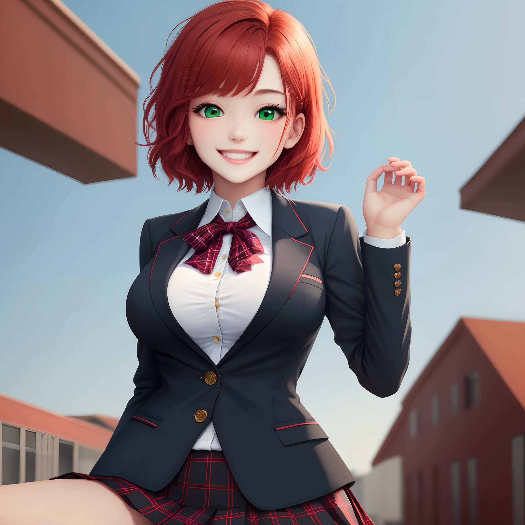 red short hair,Green eyes,Black Blazer School Uniform,Ribbon at chest,Plaid skirt,Smiling breasts are large1Girl of Man,Sky blue background,