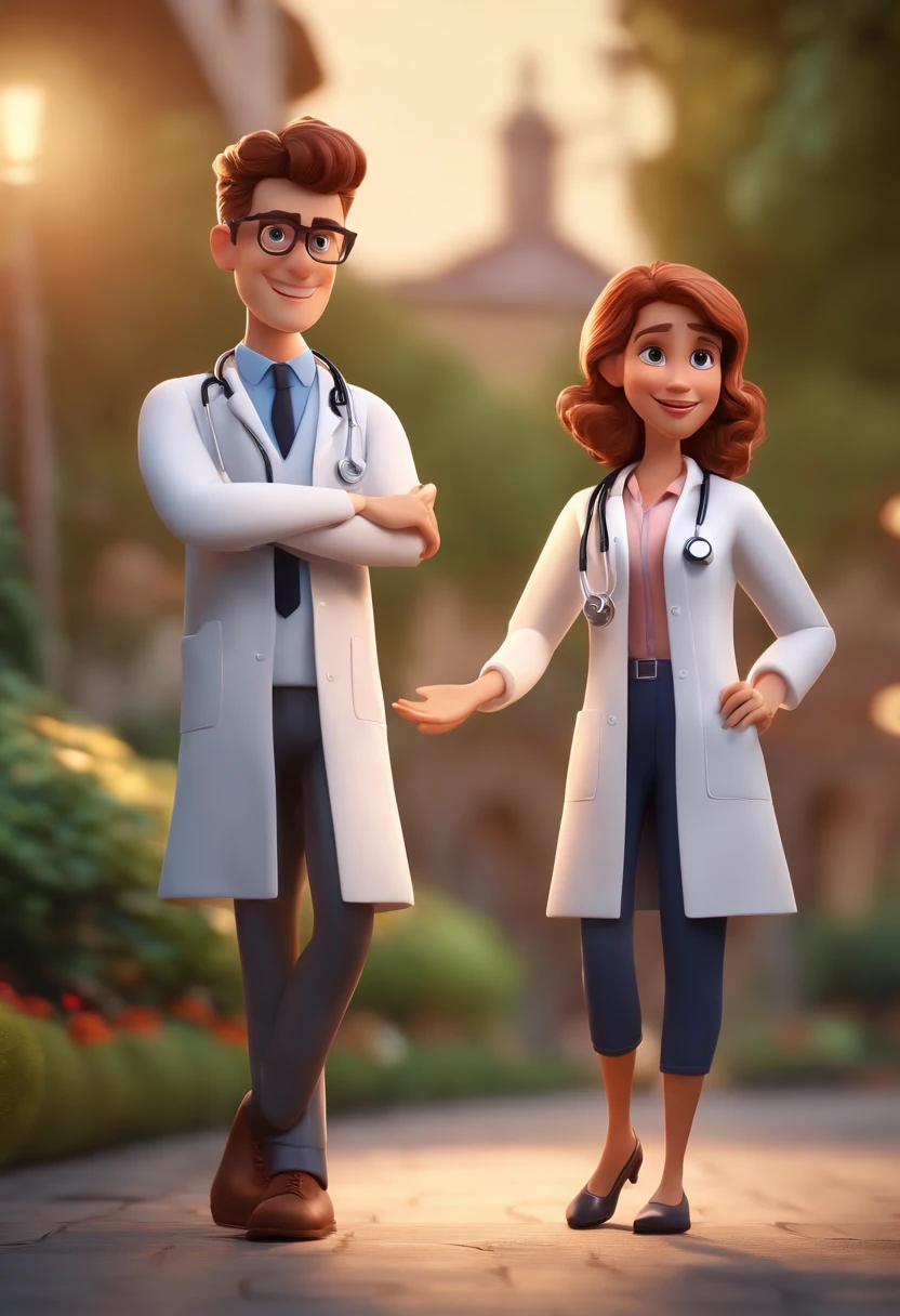 Cartoon Character Couple Of Teenage Doctors Wearing Lab Coat And Stethoscope In A College , um personagem animado, Caractere estilizado, animation style rendering, 3D estilizado, , 3 d render stylized, toon render keyshot, Personagem 3D, Personagem 3D, 3d rendering stylized, 3 d character render, personagem de desenho animado, Personagem de close up, Pose de personagem, (Estilo Pixar) (Bokeh) (melhor qualidade) (pele detalhada) (textura detalhada) (8k) (argila) (Cinematic lighting) (foco nítido，Senta e vaza a parte superior do corpo