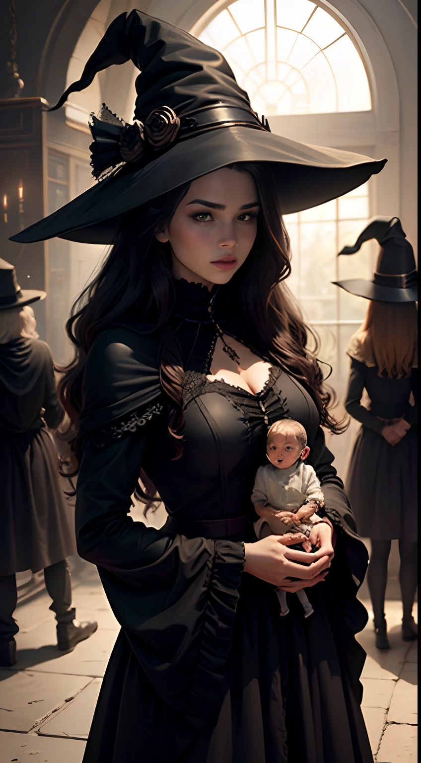 a gathering of cute children witches in black clothes and with a big black witch hat, masterpiece, altamente detalhado,