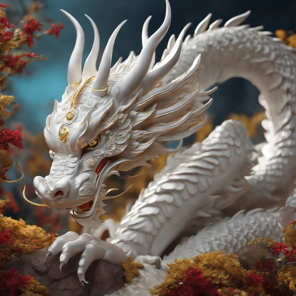 "Very beautiful 3D rendered white Chinese dragon,Representation of dynamics, Vivid effects and details,Top image quality,hight resolution,plethora of colors, Pile of Coins, Treasure"