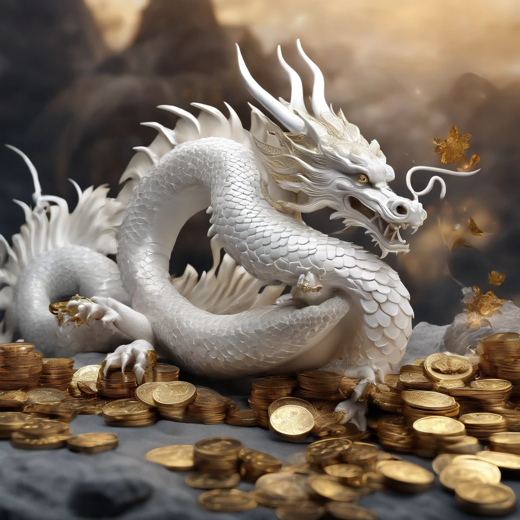 "Very beautiful 3D rendered white Chinese dragon,Representation of dynamics, Vivid effects and details,Top image quality,hight resolution,plethora of colors, Pile of Coins, Treasure"